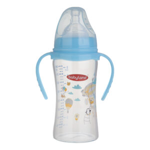 شیشه شیر بیبی لند مدل دهانه عریض فندقی پیرکس دسته دار کد 05507 گنجایش 240 میلی لیتر